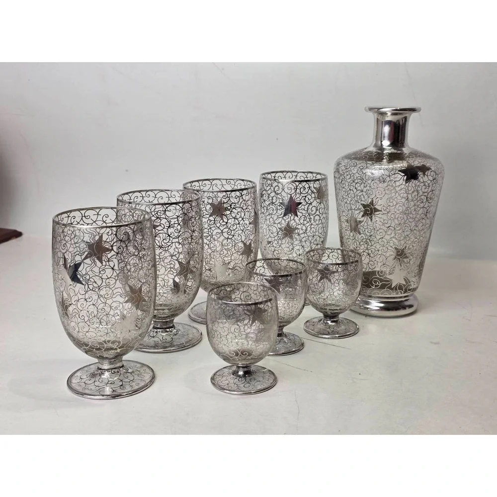 Vintage Saint Graal Silver Overlay Crystal Decanter & Glasses Cosmic Star France